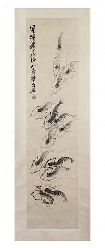 A Chinese Ink Painting on Paper, Attributed to Qi Baishi (1864-1957), Height 54 x width 13 inches.