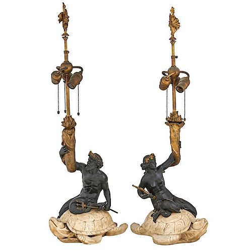 PAIR OF E.F. CALDWELL (Attr.) GILT BRONZE AND MARBLE TRITON LAMPS