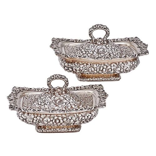 PAIR OF DOMINICK & HAFF STERLING SILVER COVERED VEGETABLE DISHES