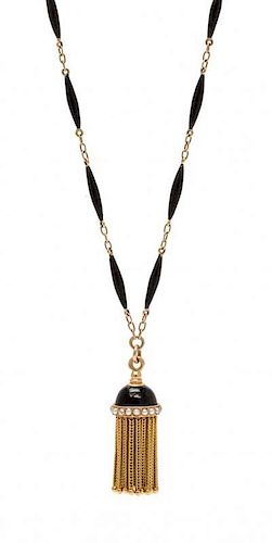 * A Yellow Gold, Seed Pearl and Enamel Tassel Lavalier Necklace, 11.30 dwts.