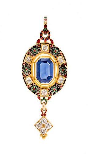 * A Renaissance Revival Yellow Gold, Sapphire, Diamond and Polychrome Enamel Pendant, Edward Tessier, London, 8.50 dwts.