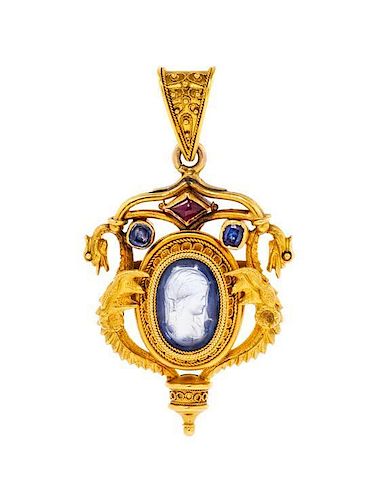 * An Etruscan Revival Yellow Gold, Sapphire and Ruby Pendant, 7.90 dwts.