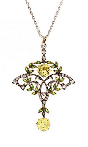 * A Silver Topped Gold, Yellow Sapphire, Demantoid Garnet, and Diamond Pendant, Cooke & Kelvey, Calcutta, 4.50 dwts.