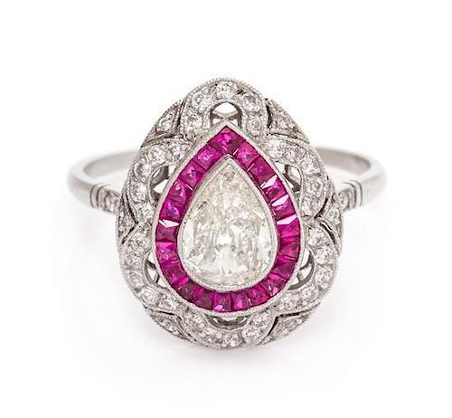 An Art Deco Platinum, Diamond and Ruby Ring, 2.30 dwts.