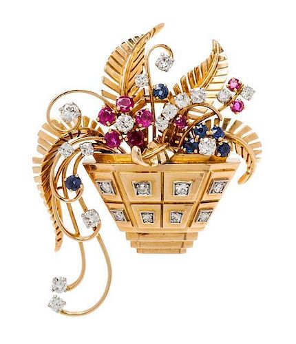 * A Retro 18 Karat Yellow Gold, Platinum, Diamond, Ruby and Sapphire Lapel Clip/Watch, French, 23.10 dwts.
