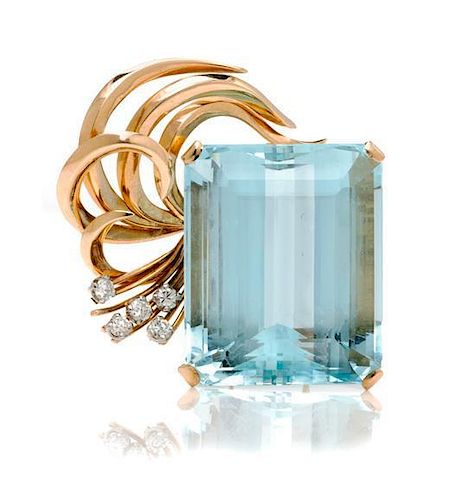 A Yellow Gold, Aquamarine and Diamond Clip/Brooch, 10.50 dwts.
