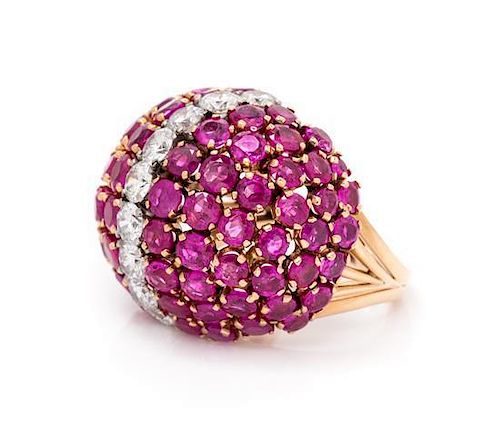 * A Retro Rose Gold, Ruby and Diamond Bombe Ring, 12.80 dwts.