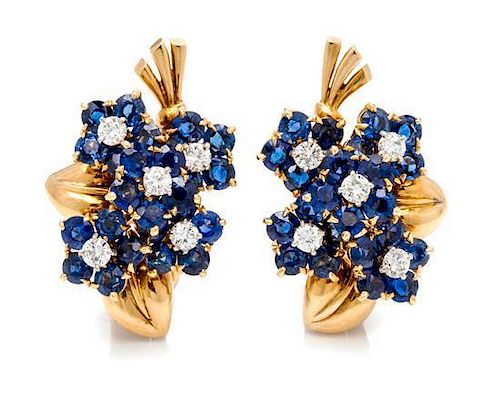 A Pair of Retro 18 Karat Yellow Gold, Platinum, Sapphire and Diamond Earclips/Dressclips, Van Cleef & Arpels, French, 13.50 d