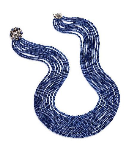 A Blackened 18 Karat Gold, Diamond and Sapphire Graduated Multi-Strand Bead Necklace, 124.20 dwts.