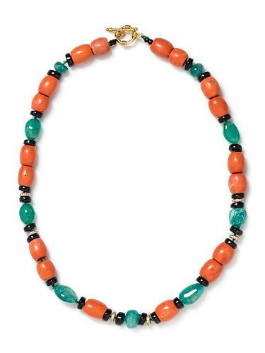 A Yellow Gold, Coral, Emerald, Onyx and Diamond Bead Necklace, 68.15 dwts.