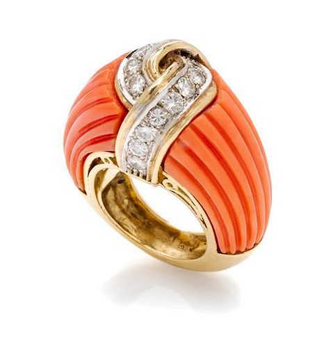 An 18 Karat Yellow Gold, Coral and Diamond Ring, Italian, 13.25 dwts.