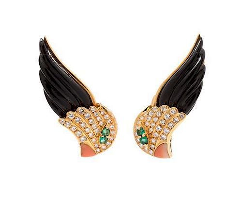 * A Pair of 18 Karat Yellow Gold, Diamond, Emerald, Onyx and Coral Parrot Motif Earclips, French, 18.50 dwts.