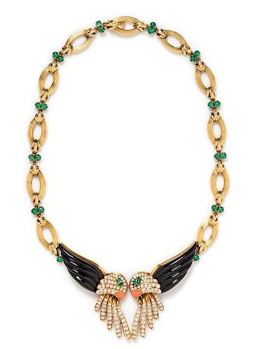 * An 18 Karat Yellow Gold, Onyx, Diamond, Emerald, and Coral Parrot Motif Necklace, French, 85.80 dwts.
