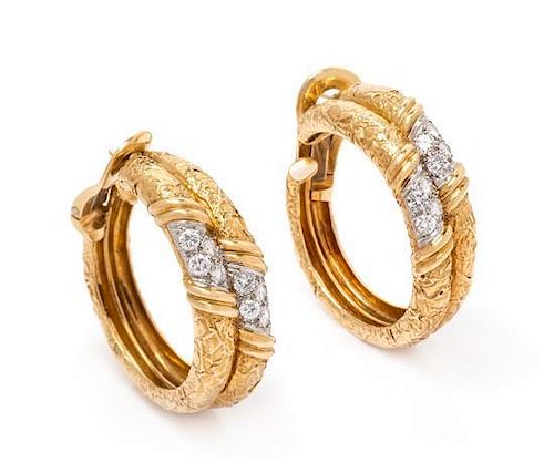 A Pair of 18 Karat Yellow Gold, Platinum and Diamond Hoop Earrings, Van Cleef & Arpels, France, 19.60 dwts.