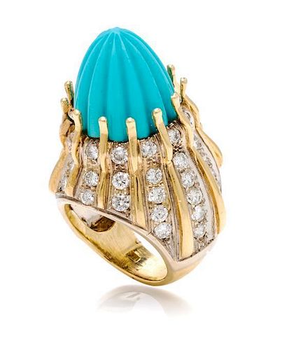 An 18 Karat Bicolor Gold, Turquoise, Lapis Lazuli and Diamond Interchangeable Bombe Ring,