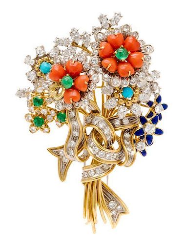 An 18 Karat Bicolor Gold, Diamond, Coral, Emerald, Turquoise and Enamel Bouquet Brooch, Italian, 35.10 dwts.