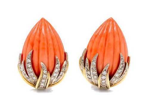 A Pair of 18 Karat Bicolor Gold, Coral and Diamond Earclips, Italian, 27.50 dwts.