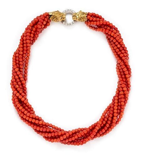 An 18 Karat Bicolor Gold, Diamond and Coral Torsade Necklace, Italian,
