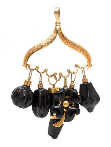 An 18 Karat Yellow Gold Charm Holder Pendant Suspending Six Yellow Gold and Onyx Charms, 37.80 dwts.