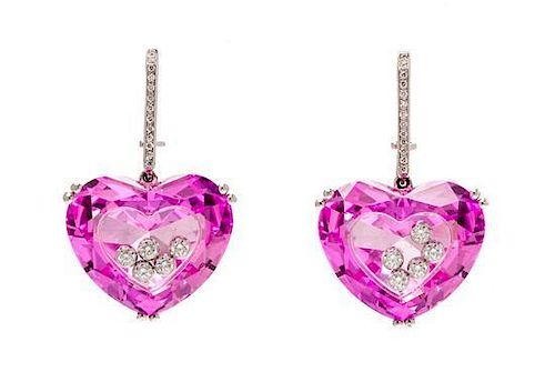 A Pair of 18 Karat White Gold, Synthetic Pink Sapphire and Diamond 'So Happy' Earrings, Chopard, 10.10 dwts.