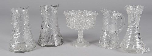 Three cut glass pitchers, vase and bowl