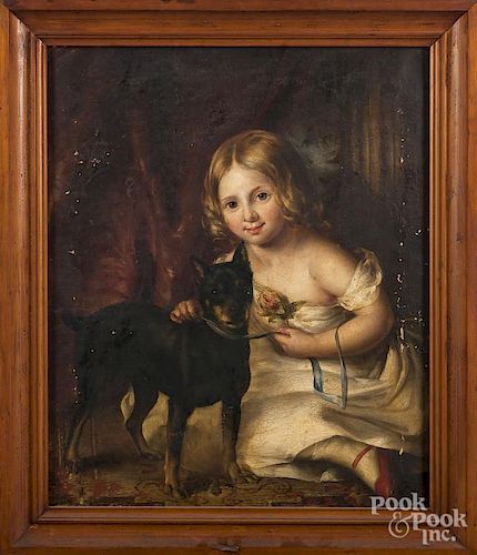 Oil on canvas portrait of a girl with a dog