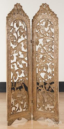 Carved walnut two-part folding screen