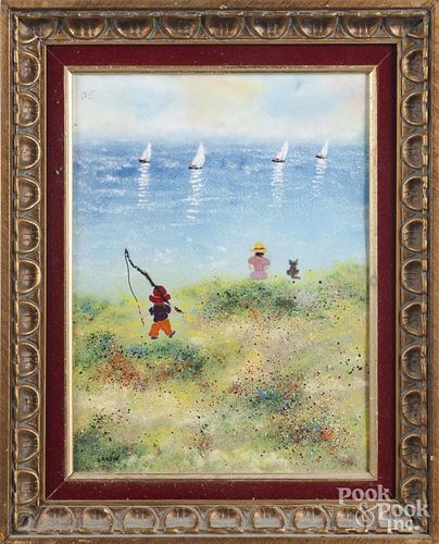 Louis Cardin enamel coastal scene with figures