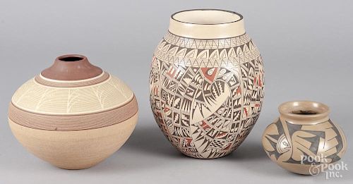 Three Native American pottery vessels