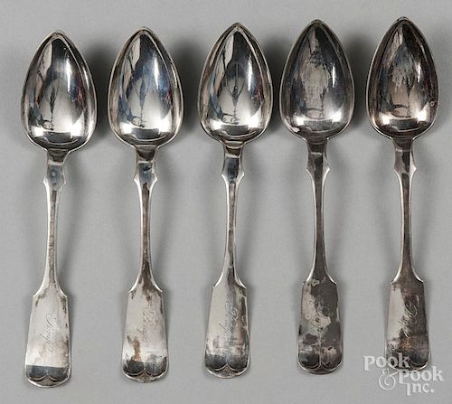 Set of five coin silver serving spoons