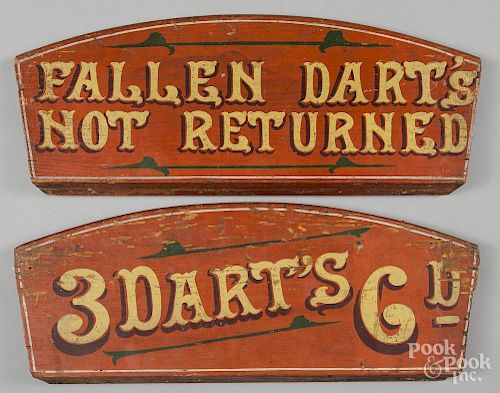 Two painted carnival Darts game signs
