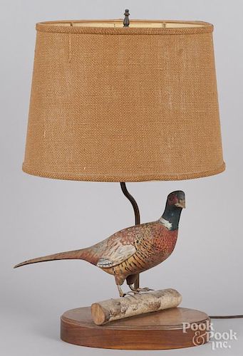 Carved and painted pheasant, mounted as a lamp