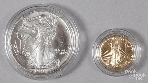 Ten-dollar gold coin & silver dollar