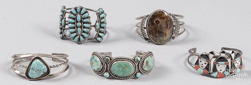 Five Native American silver & turquoise bracelets