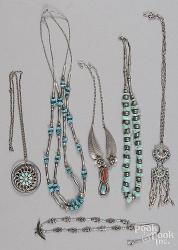 Six Native American silver & turquoise necklaces