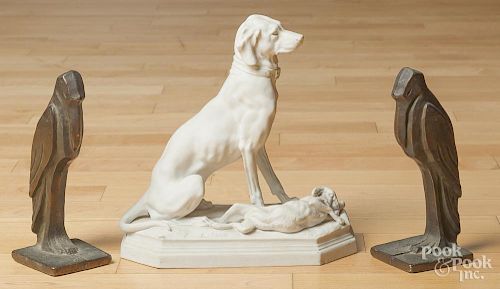 Parian figure of a dog, together with bookends