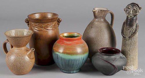 Six art pottery vases and pitchers