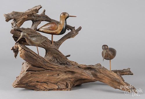 Two carved shorebird decoys