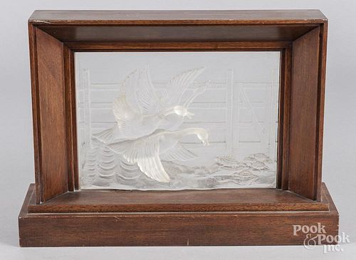 Frosted glass plaque with geese