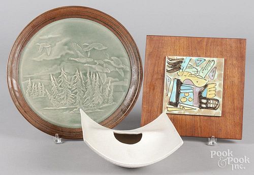Pottery charger, together with a plaque and vase