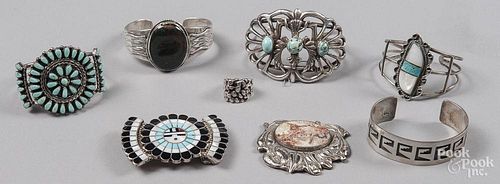 Eight pieces of Navajo silver & turquoise jewelry