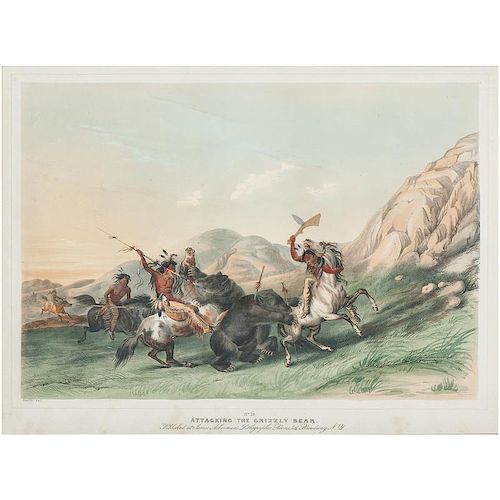 George Catlin Hand-colored Lithograph, Attacking the Grizzly Bear