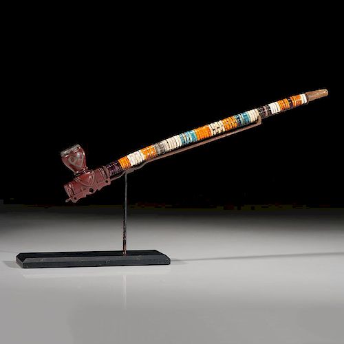 Micmac Catlinite Pipe Bowl with Inlay and Quilled Stem