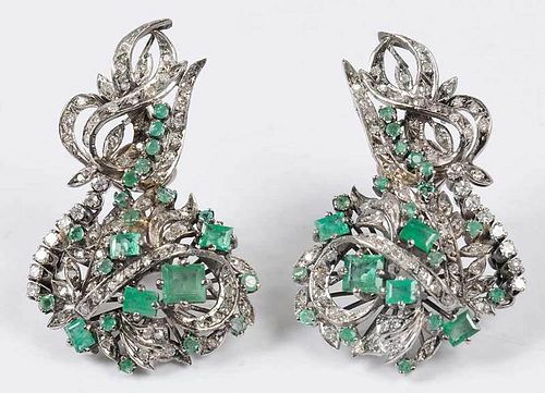 Silver Emerald and Diamond Earrings