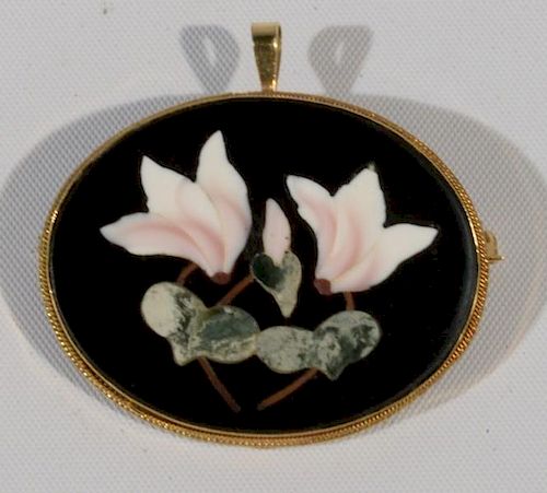 NO CREDIT CARDS FOR JEWELRY  Pietra dura pin in 18 karat gold mount.  length 1 1/2 inches  Credit card payments will not be a