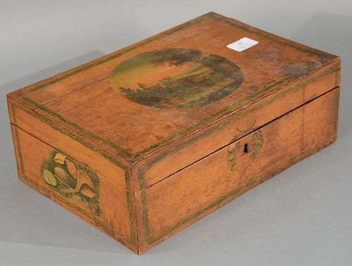 School girl's box with round painted scene and shell and wreath painted trim, 19th century.   height 5 inches, width 14 inche
