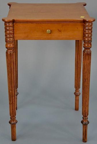 Sheraton one drawer stand with turret corners, set on turned and fluted legs. 
height 28 inches, top: 17 3/4" x 18 1/2" 
Prov