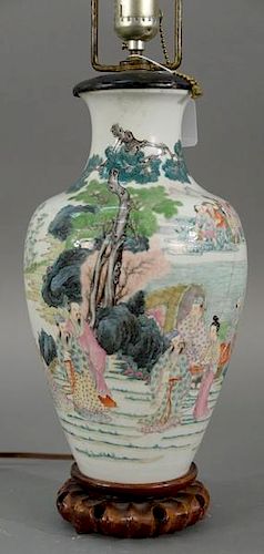 Republic period (1912-1949) famille rose porcelain lobed vase, exterior finely painted in enamels of scholars and beautiful l