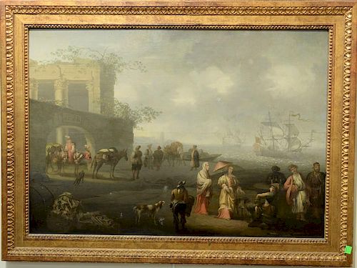 Jacobus Jonckheer (1661-1684)  oil on panel Old Master coastal landscape  Ships off Port  signed and dated top left: Jonckhee
