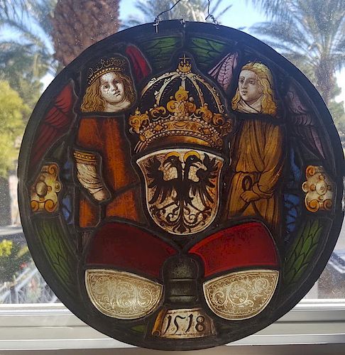 German Renaissance Antique Stained Glass Armorial Rondel